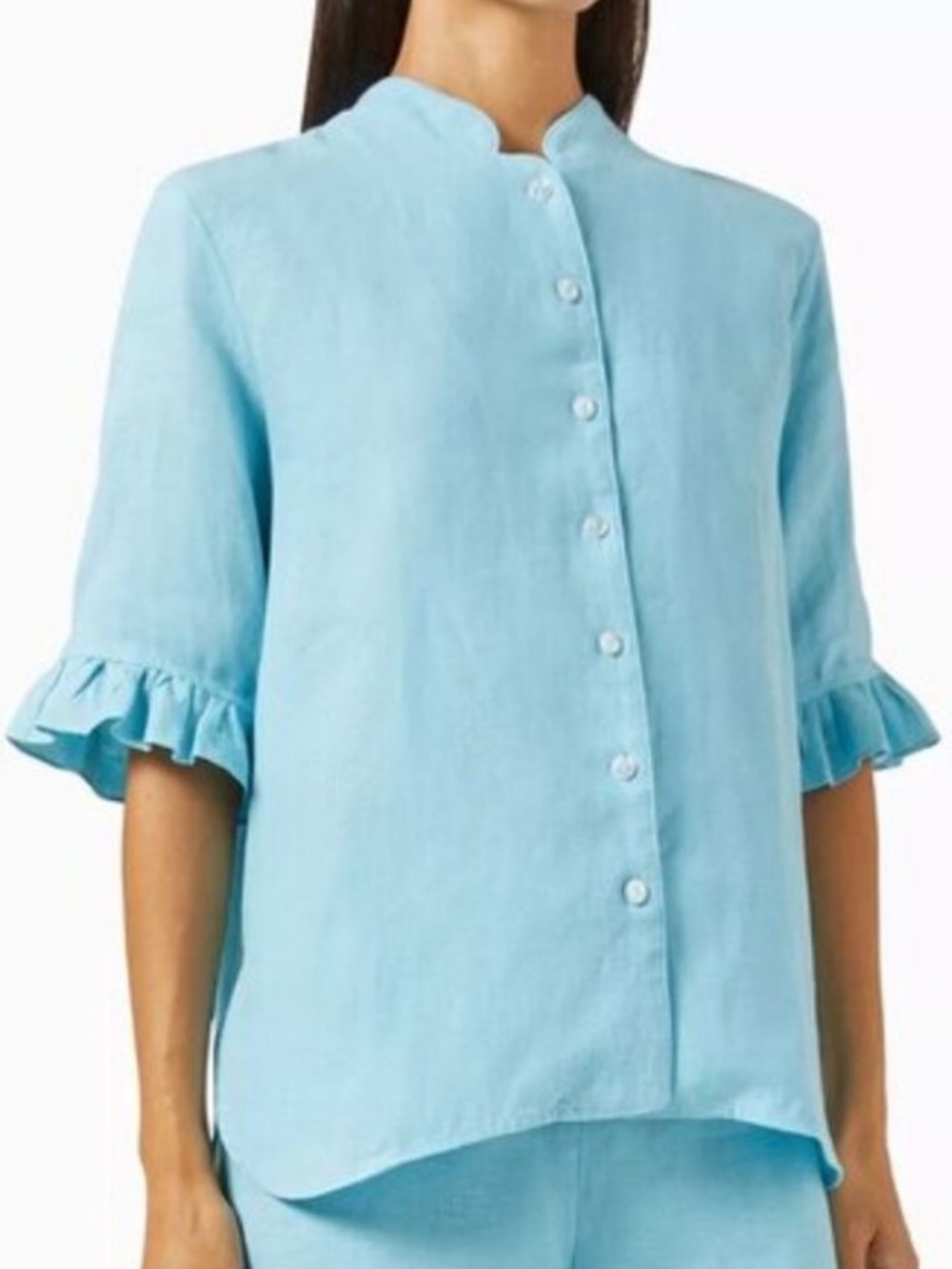 SLEEPER 100% Linen Ruffled Button Up Top Lounge Blouse.  Sk18